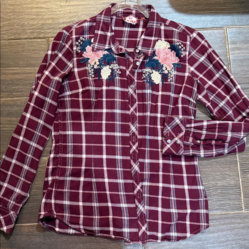 Grace in L.A. Burgundy Plaid Kids Shirt with Embroidery
